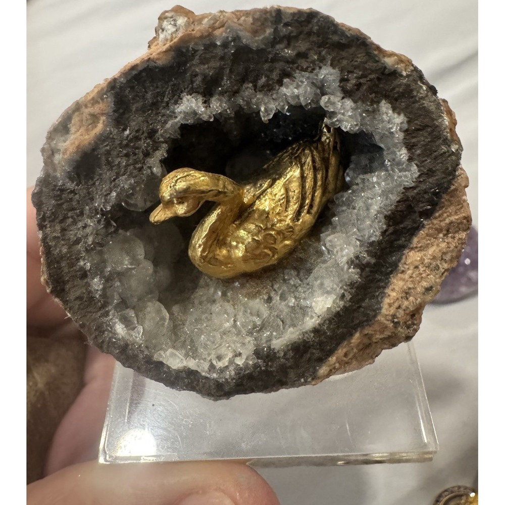 Gold Tone Swan Figurine in Crystal Geode Clear Acrylic Base Mineral Rock D